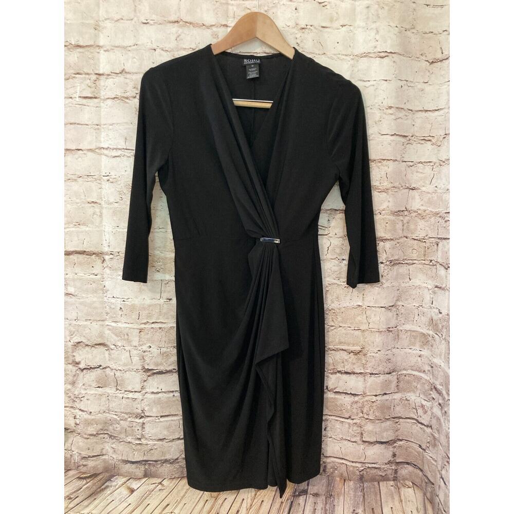 SOHO‎ Dress Womens Medium Black LBD Draped Pleated Ruched Long Sleeve Stretch